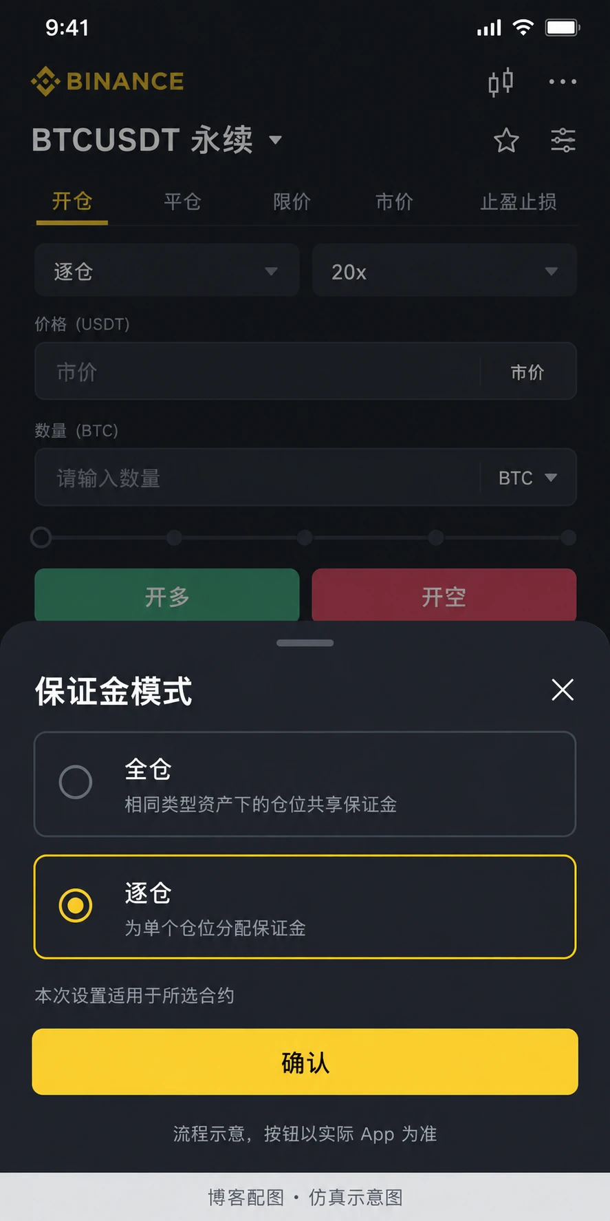 币安合约保证金模式弹窗仿真示意图