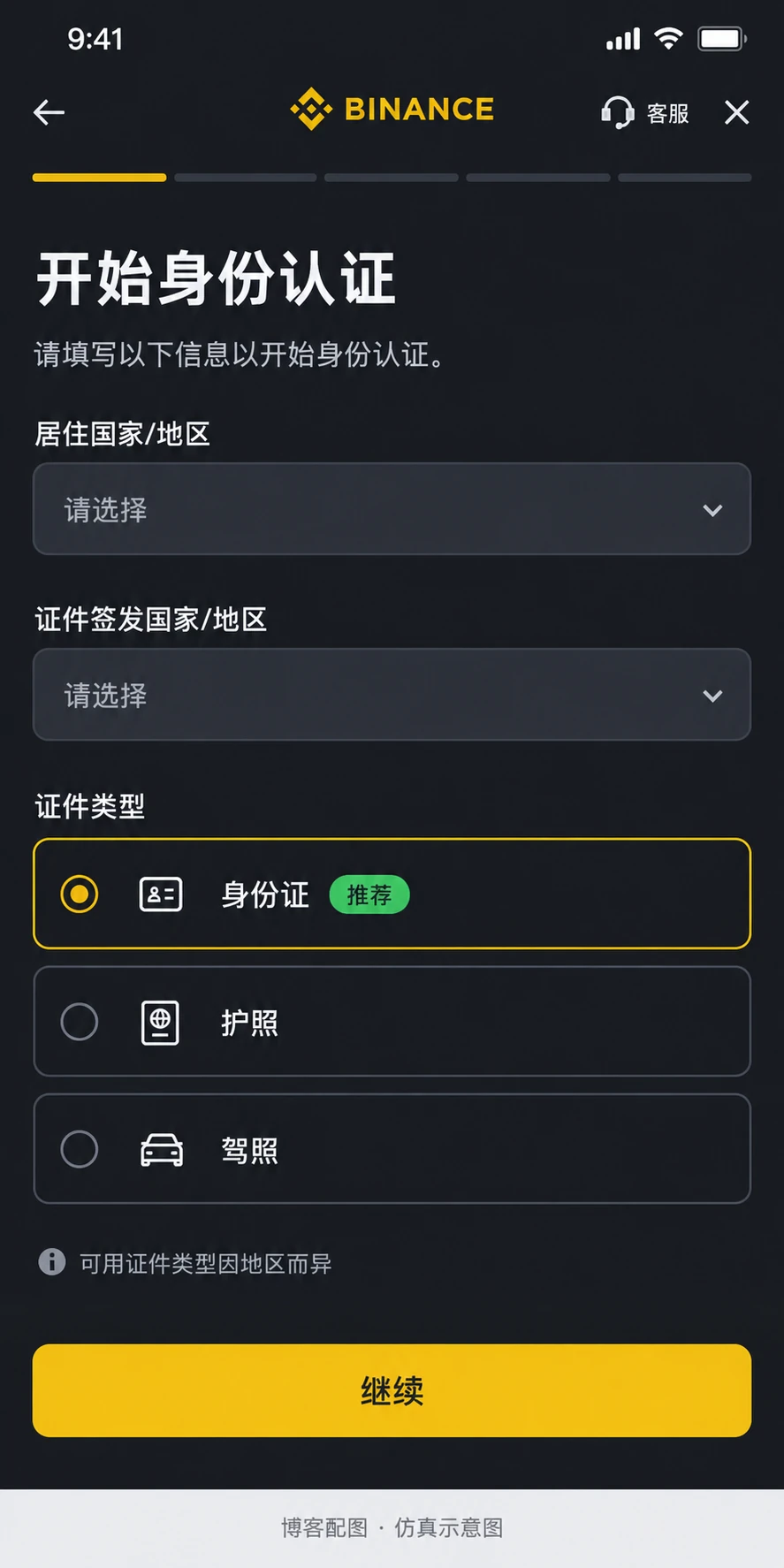币安居住地与证件类型仿真示意图