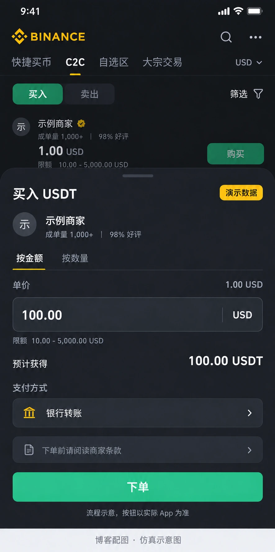 币安C2C购买金额弹窗仿真示意图
