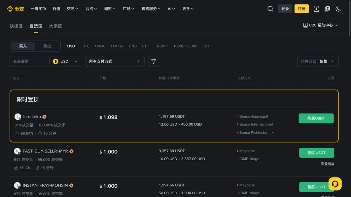 币安 USD 购买 USDT 公开广告列表
