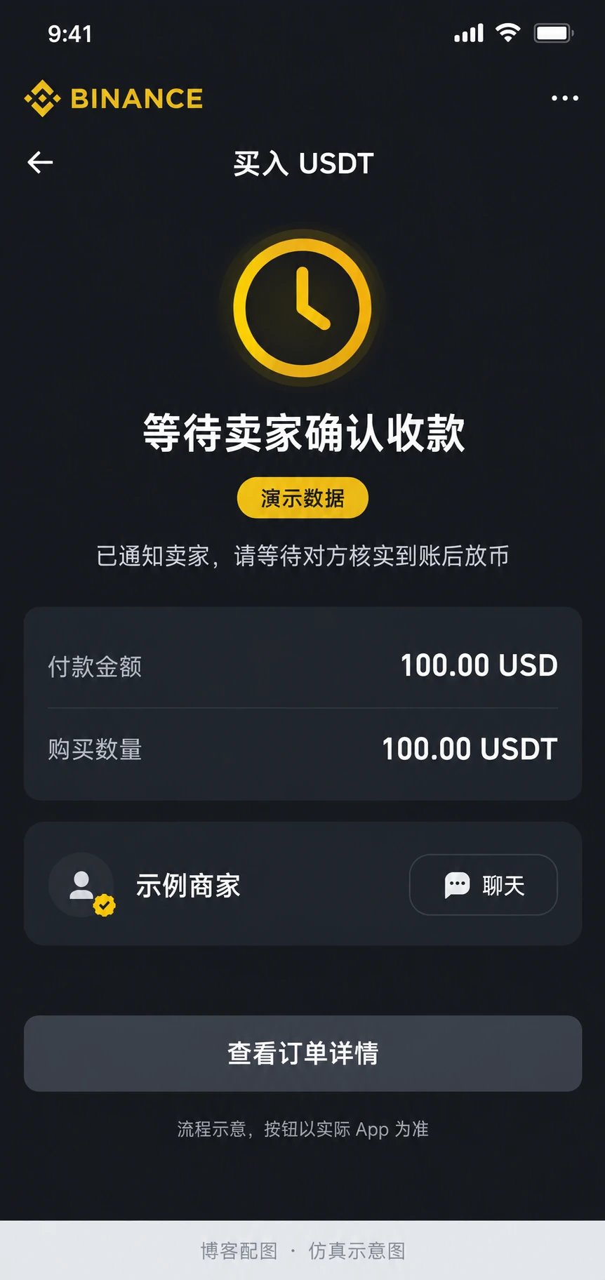 币安等待卖家放币仿真示意图