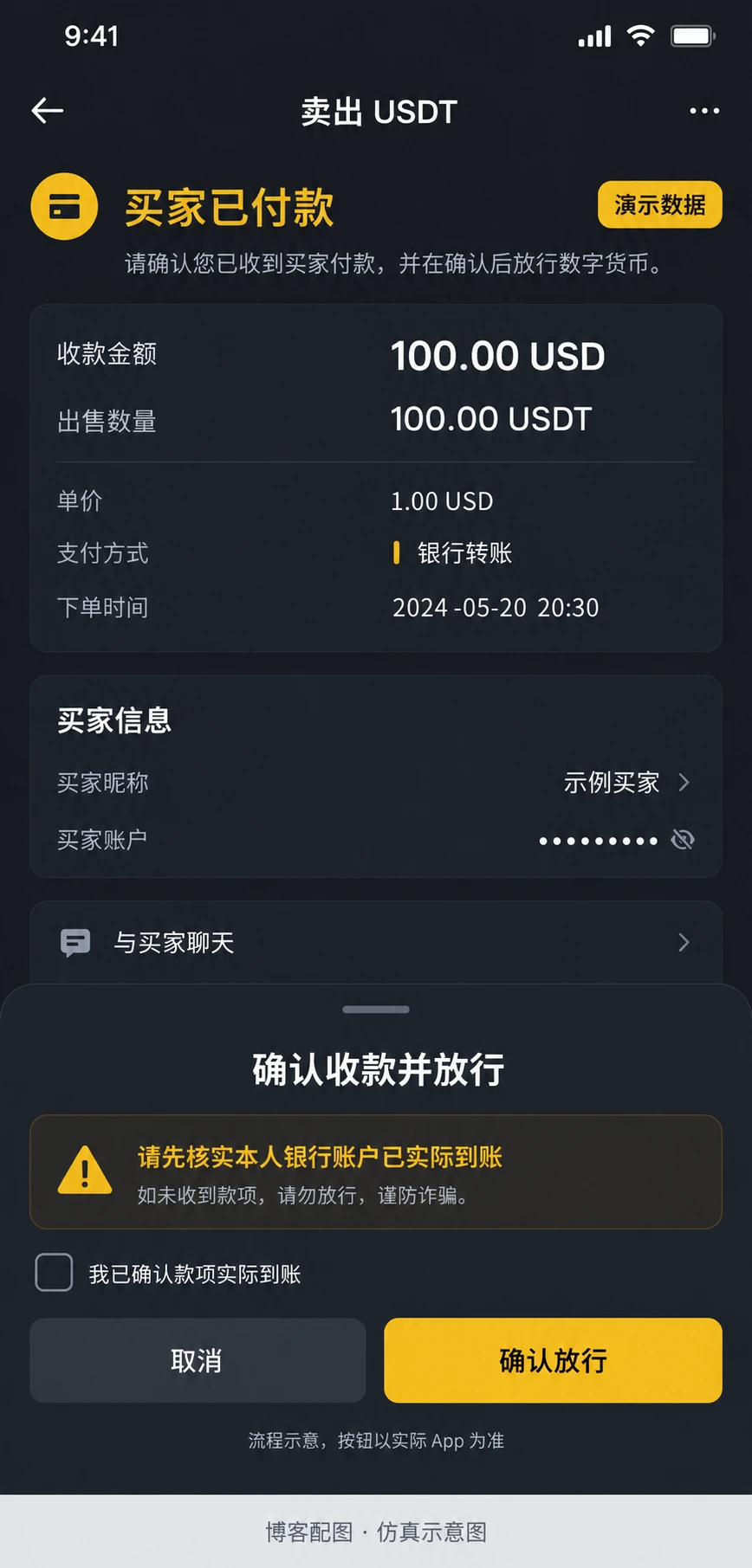 币安卖币核实到账与放行仿真示意图