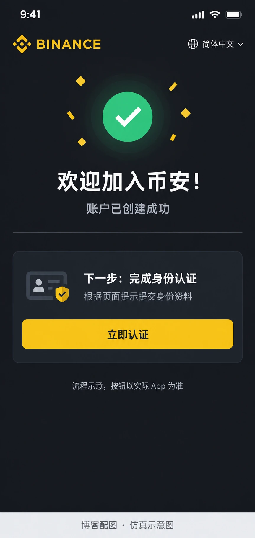 币安注册完成仿真示意图