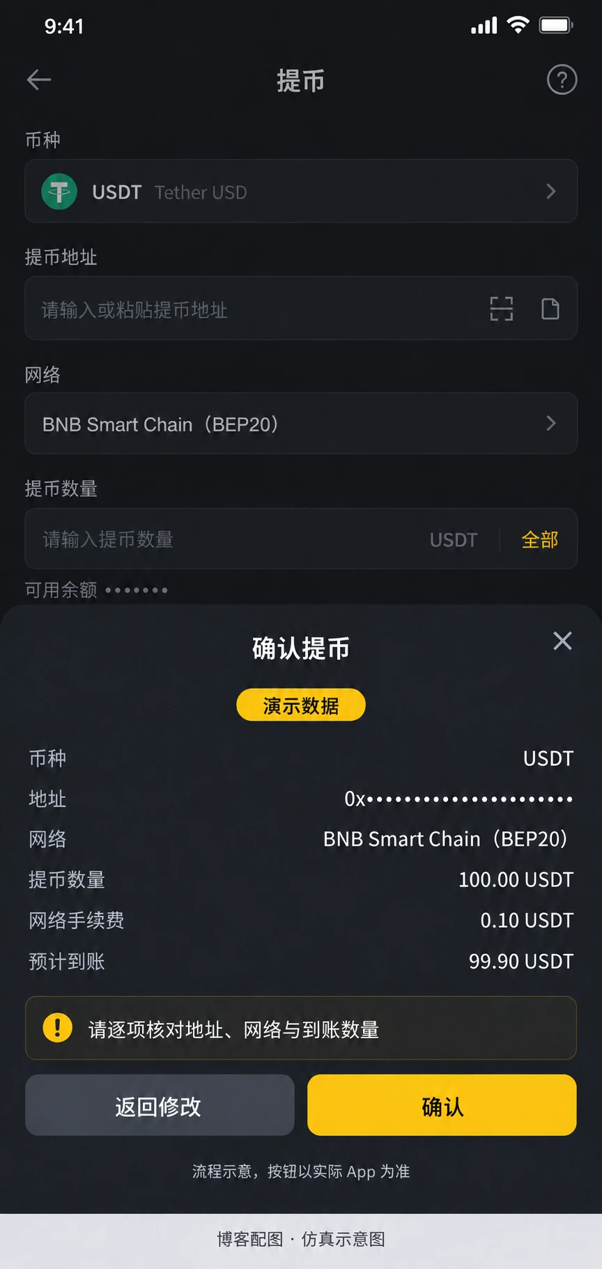 币安提币核对弹窗仿真示意图