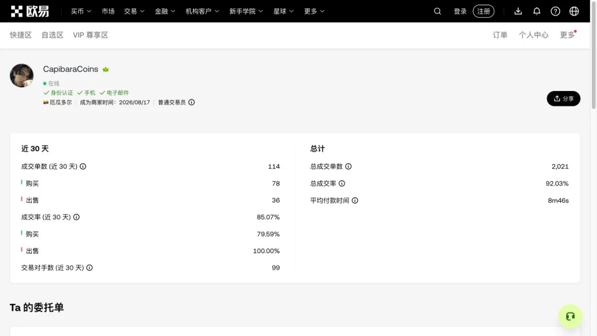 欧易C2C商家的认证标识、成交单数和完成率