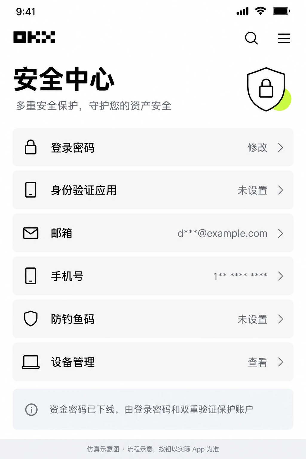 登录密码、身份验证应用和防钓鱼码示意
