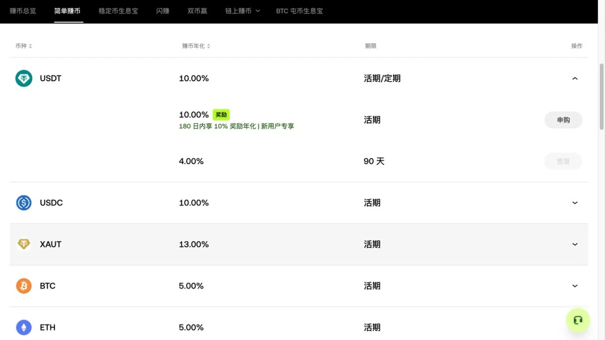 OKX 简单赚币活期和定期产品列表