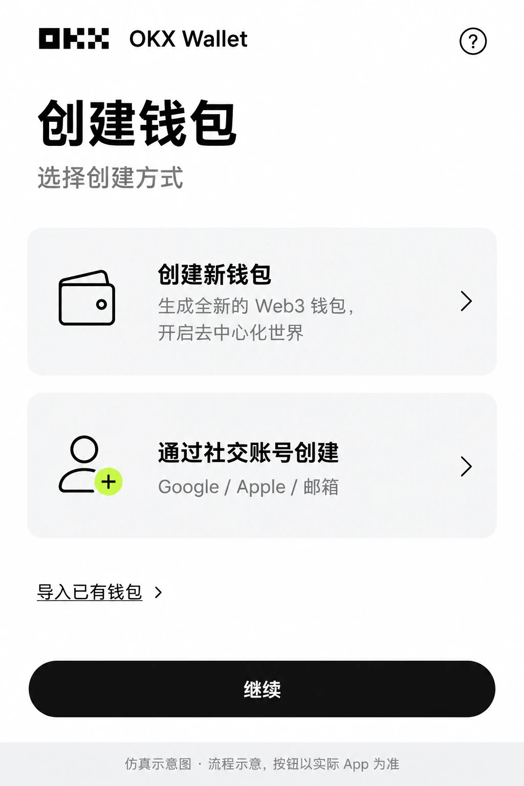 创建钱包入口和方式选择示意