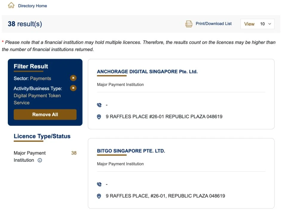 MAS 金融机构目录已筛选 Payments 和 Digital Payment Token Service,显示筛选条件、结果数量提示及机构条目