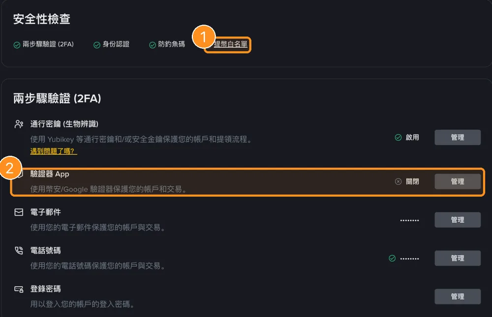 币安账户安全页,橙框标出提币白名单和验证器 App 的位置