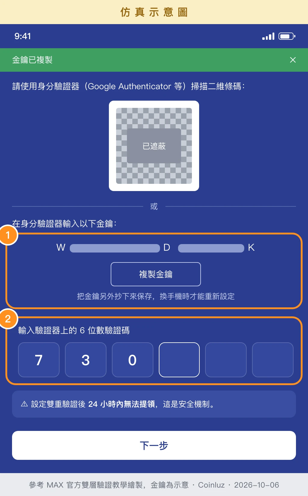 MAX 綁定身分驗證器仿真示意圖:複製金鑰、輸入 6 位數驗證碼,設定後 24 小時內無法提領
