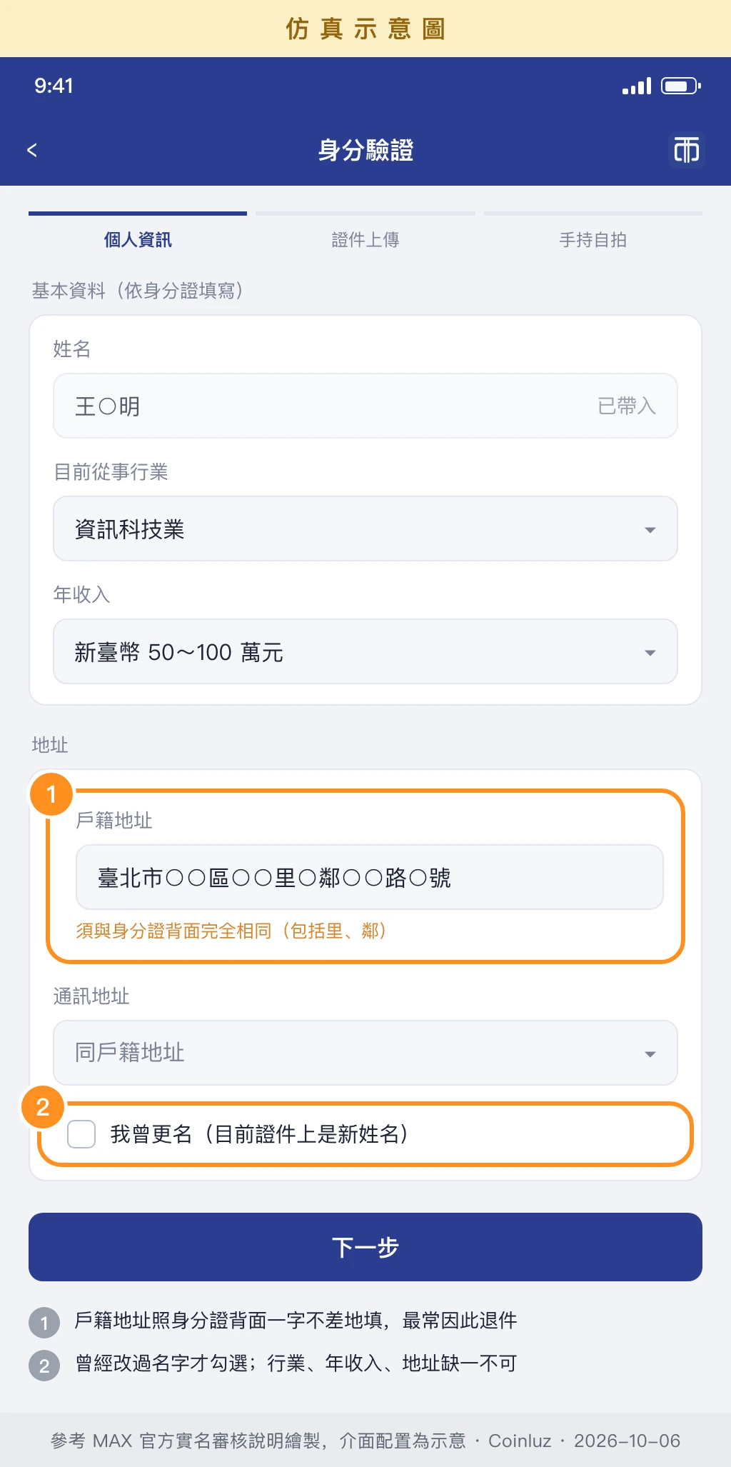 MAX 身分驗證的個人資訊表單仿真示意圖:行業、年收入、戶籍地址須與身分證背面相同,曾改名要勾選我曾更名